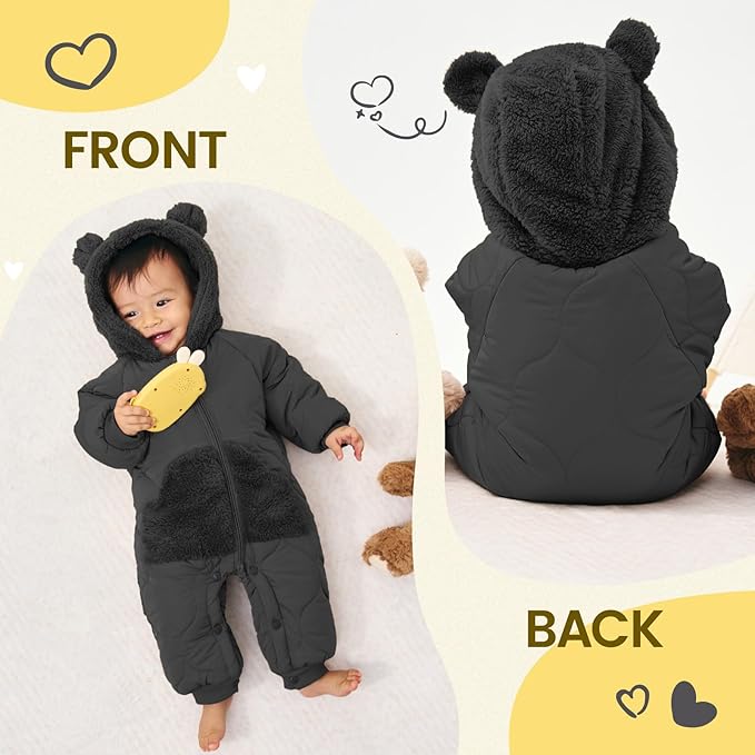 JiAmy Baby Snowsuit Newborn Winter Clothes Coat Romper Windproof Fleece Hat Zipper Baby Bear Outfit-BubblyBeeBaby