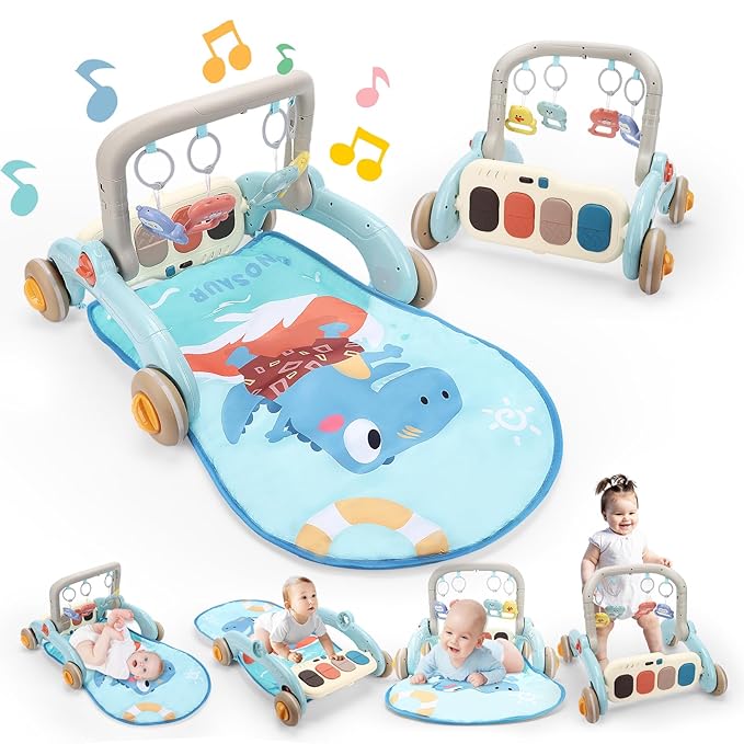 2 in 1 Baby Play Gym with Walker for Newborn, Baby Play Mat Activity Gym with 4 Infant Learning Sensory Tummy Time Mat for Infant Christmas Gifts Adjustable Height (Blue)-BubblyBeeBaby