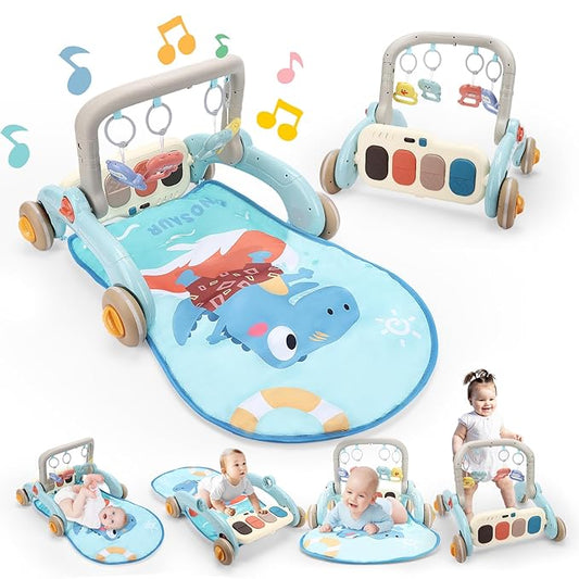 2 in 1 Baby Play Gym with Walker for Newborn, Baby Play Mat Activity Gym with 4 Infant Learning Sensory Tummy Time Mat for Infant Christmas Gifts Adjustable Height (Blue)-BubblyBeeBaby