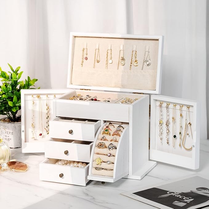 Jewelry Box Organizer, Solid Wood Jewelry Boxes for Women for Storage & Display Necklace Ring Earring Bracelet, Rustic Style Jewelry Organizer Box for Women Gifts (Weathered White)-BubblyBeeBaby