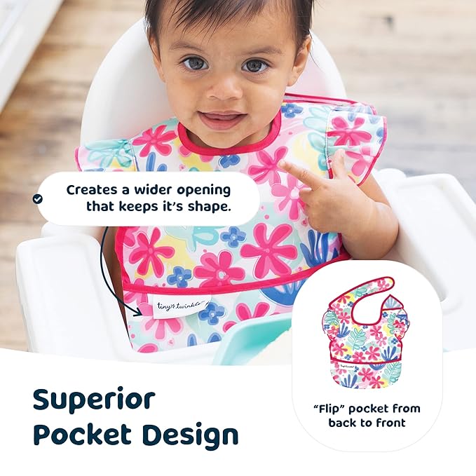 Tiny Twinkle Mess Proof Baby Bibs for Eating - Waterproof, Wipeable Bibs - Toddler Bibs - Travel Friendly - PFAS, PVC, BPA, Phthalate Free - Baby Food Bibs(3 Pack, Loved Girl)-BubblyBeeBaby