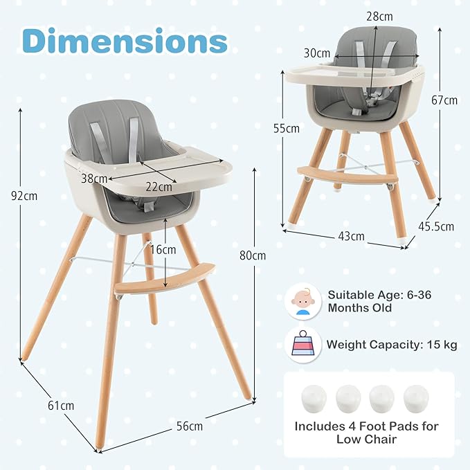 HONEY JOY High Chair, 3-in-1 Eat & Grow Wooden Highchair/Toddler Chair with Removable Tray, 5-Point Harness, PU Cushion and Footrest for Baby, High Chair for Babies and Toddlers(Gray)-BubblyBeeBaby