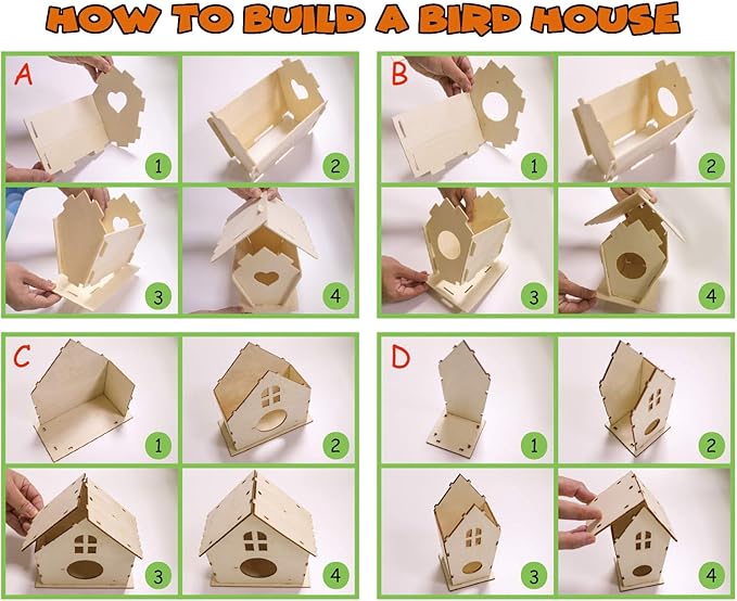 hapray 4 Pack Bird House Crafts for Kids Ages 5-8 8-12, Buildable DIY Birdhouse Kit for Children to Build, 3+ Summer Arts and Craft Projects with Paint, Boy Girl Gift Christmas-BubblyBeeBaby