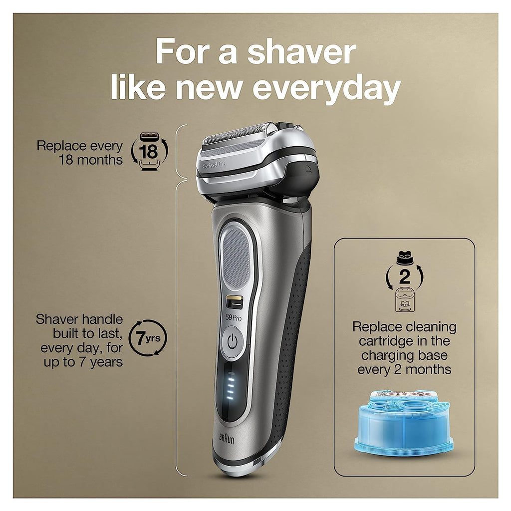 Braun Electric Razor for Men, Series 9 Pro 9465cc Wet & Dry Electric Foil Shaver with ProLift Beard Trimmer, Cleaning & Charging SmartCare Center, Head Shavers for Bald Men, Noble Metal