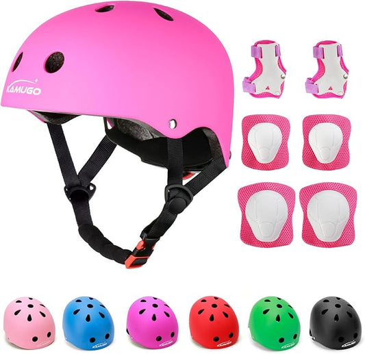 KAMUGO Kids Adjustable Helmet, with Sports Protective Gear Set Knee Elbow Wrist Pads for Toddler Age 2-8 Boys Girls, Bike Skateboard Hoverboard Scooter Rollerblading Helmet Set-BubblyBeeBaby