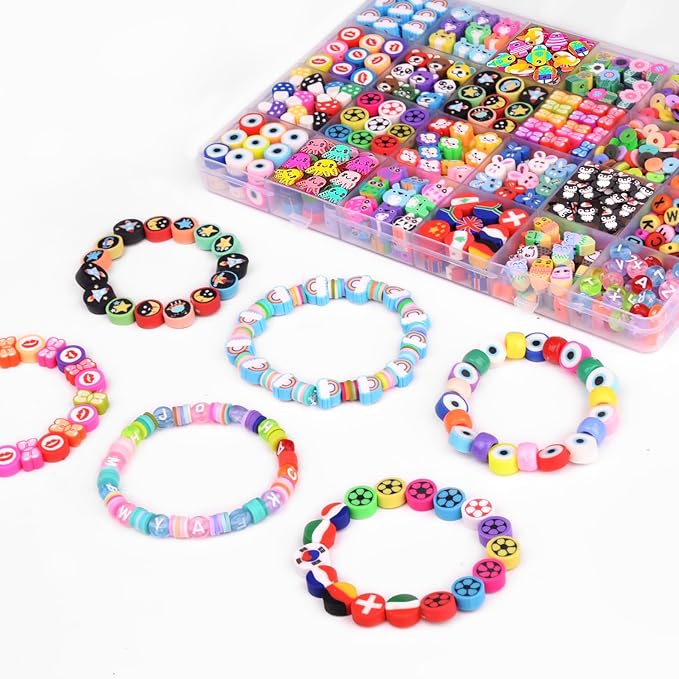 1000PCS Polymer Clay Beads Bracelet Making kit, 24 Style Cute Fun Beads Flower Animal Rainbow Eye Charms for Jewelry Necklace Earring Making DIY Accessories for Women Girls-BubblyBeeBaby