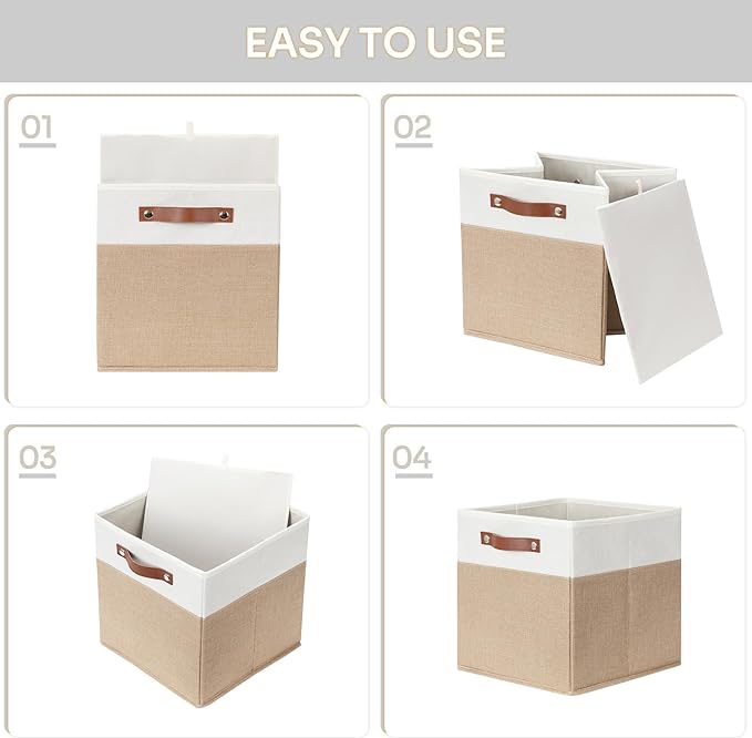 HNZIGE Fabric Storage Baskets Cubes Bins for Shelves, 11 x11 Foldable Storage Bins, Decorative Storage Basket with Leather Handles for Storage Clothes Home Nursery(White Beige-4Pack)-BubblyBeeBaby