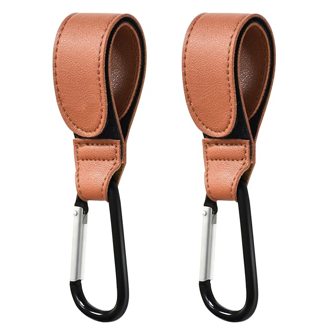 Stroller Hooks for Hanging, 2 PCS Durable Leather Style Stroller Clip Straps, Baby Stroller Hooks for Diaper Bags Grocery Shopping Bags, Mommy Hook for Stroller (Brown)-BubblyBeeBaby