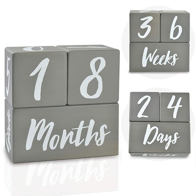 I'm Solid Wood Weekly Monthly Yearly Baby Milestone Age Blocks, Gender Neutral, Newborn Gifts & Keepsakes for Picture Props (3 Pcs/Grey)-BubblyBeeBaby