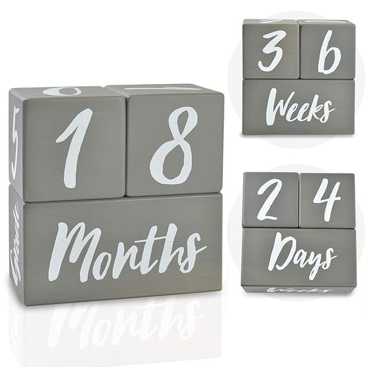 I'm Solid Wood Weekly Monthly Yearly Baby Milestone Age Blocks, Gender Neutral, Newborn Gifts & Keepsakes for Picture Props (3 Pcs/Grey)-BubblyBeeBaby