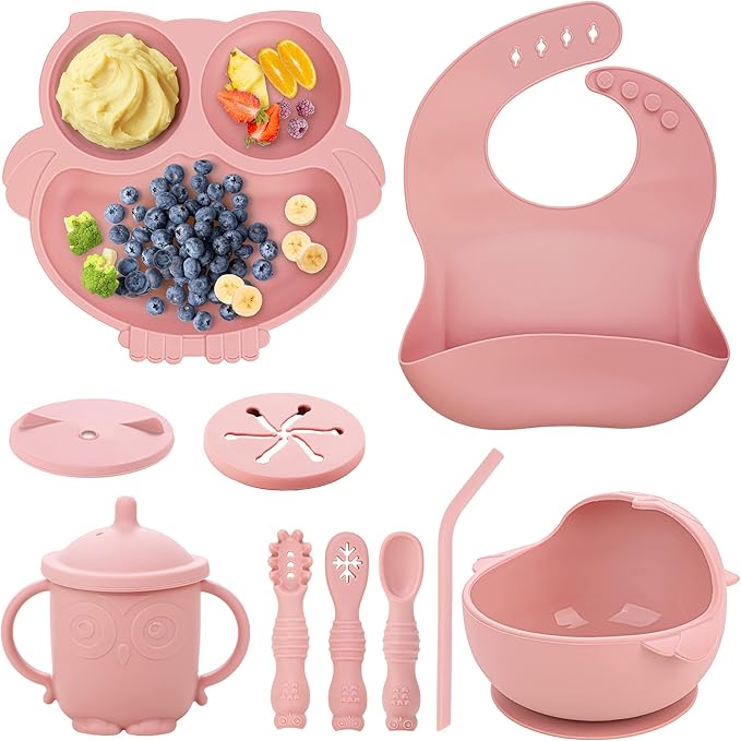 Baby Weaning Set - Silicone Toddler Feeding Set (10 Pcs) with Adjustable Bib, Suction Bowl, Plate, Fork, Spoon, Water & Snack Cup Kit - Baby Led Weaning Kit-BubblyBeeBaby