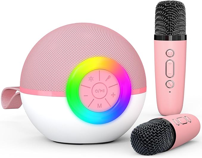 Karaoke Microphone Machine Toys for Kids Adults, Mini Portable Bluetooth Speaker with 2 Wireless Mics, Christmas Birthday Gifts for Boys Girls Ages 3 4 5 6 7 8 9 10 11 12+ Year (Pink)-BubblyBeeBaby