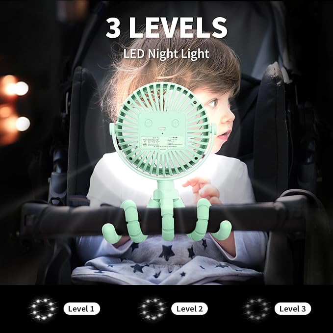AMACOOL Battery Operated Stroller Fan Flexible Tripod Clip On Fan with 3 Speeds and Rotatable Handheld Personal Fans for Car Seat Crib Bike Treadmill (Green)-BubblyBeeBaby