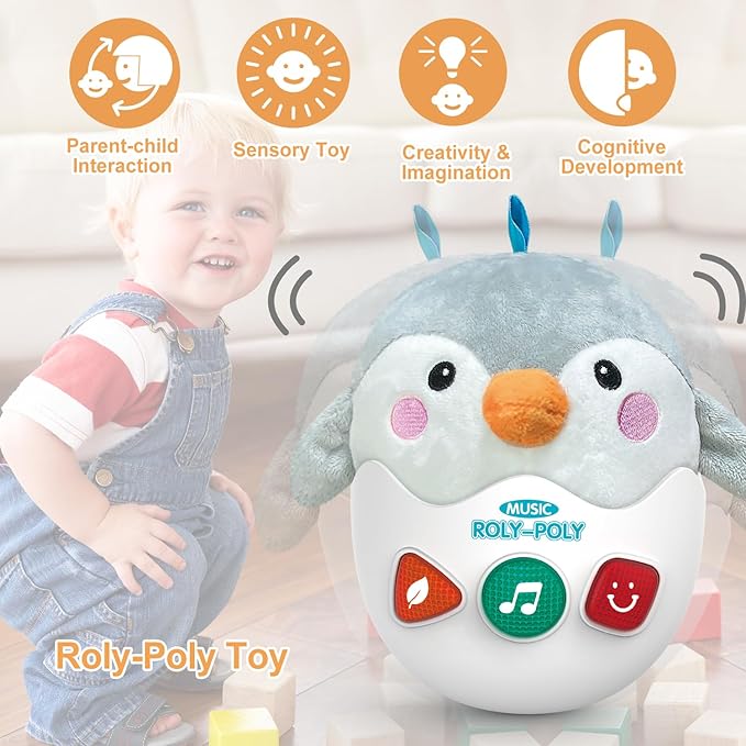 Infant Toys 0-3-6-12 Months Shower Gifts, Plush Cute Stuffed Animal Penguin Musical Baby Tummy Toys with Light & Sounds, Roly-Poly Easter Birthday Gift for Newborn Boys & Girls-BubblyBeeBaby