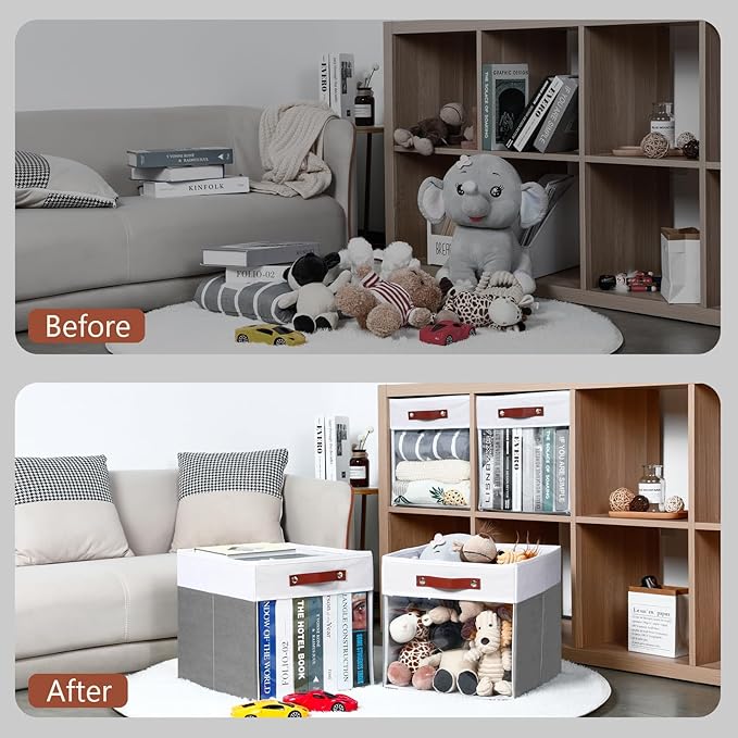 HNZIGE Fabric Cube Storage Bins - 4 Pack 13x15x13 Collapsible Storage Cubes for Organizing Shelves, Closet, Pantry - White, Gray-BubblyBeeBaby