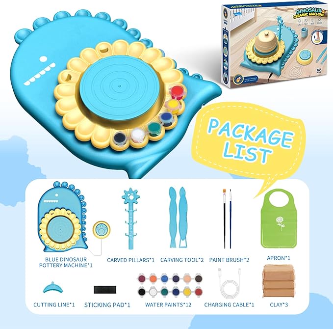 HTUONIAO Dinosaur Pottery Wheel Kit for Kids Ages 6-12 with 3 Air Dry Clays & Tools - Complete Arts and Crafts Studio for Beginners, Creative Gift for Boys and Girls-BubblyBeeBaby