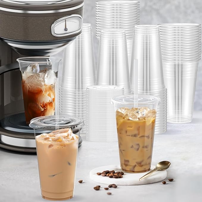 100 Pack - 20 oz Clear Plastic Cups with Lids and Straws, Sturdy & Food Safe Iced Coffee Cups with lids, Disposable Plastic Smoothie Cups for Cold Drinks-BubblyBeeBaby