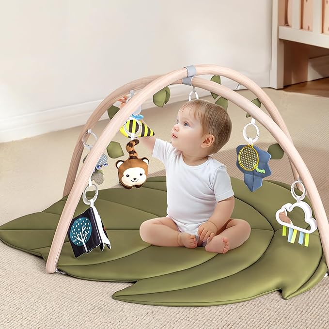 Infant Activity Center for Newborn to Develop Motor Cognition Leaves Leaf-Shaped Baby Play Gym & Activity Mat Extra Large Tummy Time Mat with 8 Detachable Toys-BubblyBeeBaby