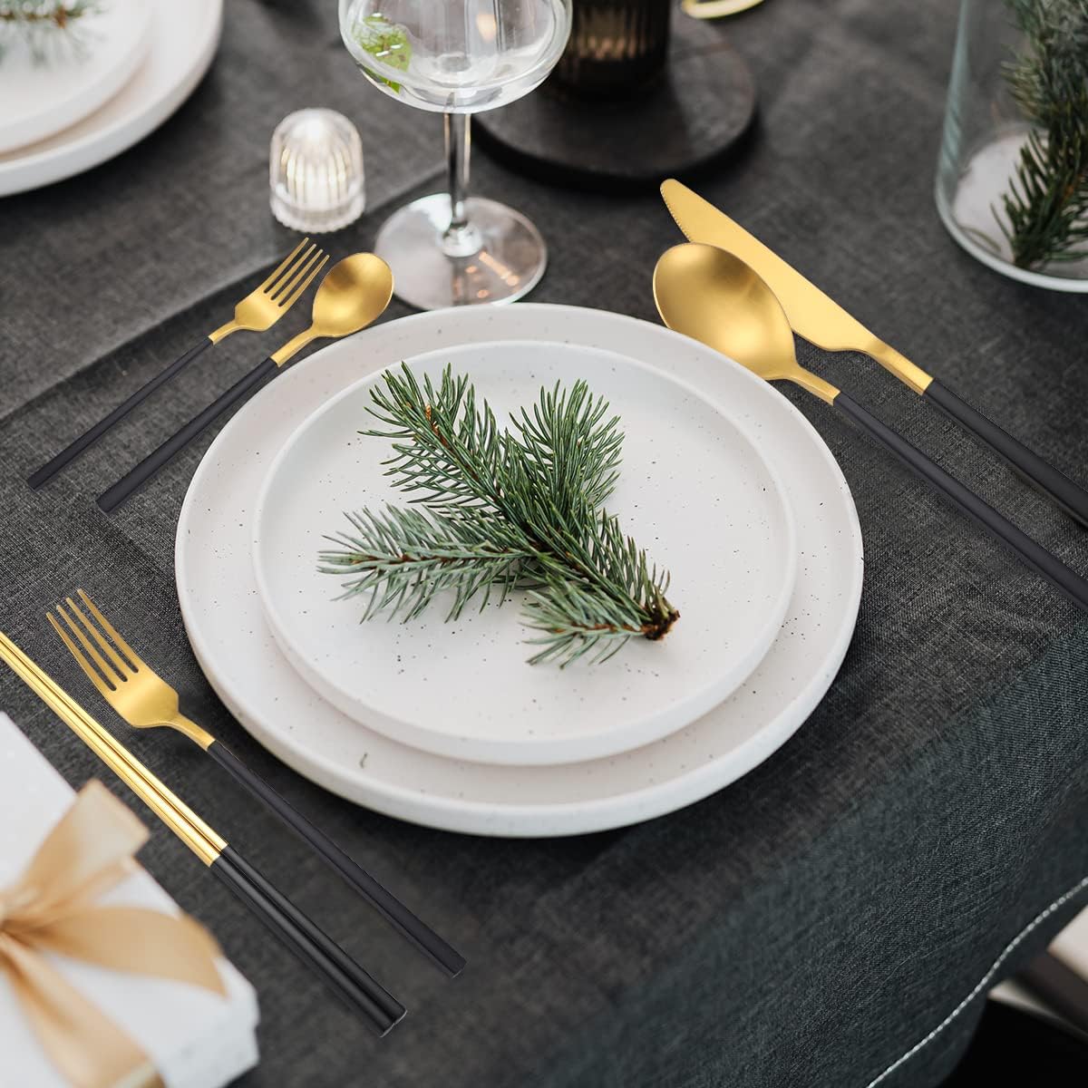 AARAINBOW 6 Pieces Stainless Steel Flatware Set Portable Reusable Cutlery Set Travel Utensils Set Including Chopsticks Knife Fork Spoon Straws Cleaning Brush Dishwasher Safe (B-Black golden)