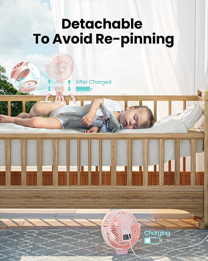 Gaiatop Mini Portable Stroller Fan, Battery Operated Small Clip on Fan, Detachable 3 Speed Rechargeable 360° Rotate Flexible Tripod Handheld Desk Cooling Fan for Car Seat Crib Treadmill Travel Pink-BubblyBeeBaby