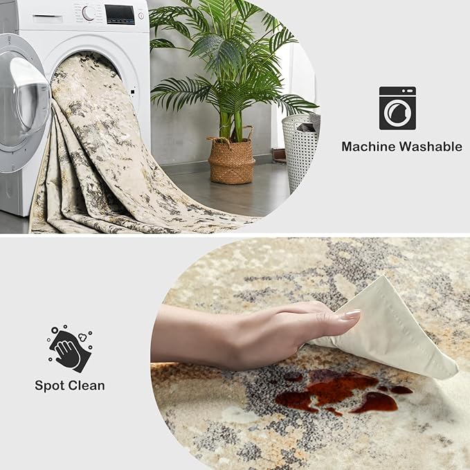 Kelarea 4x6 Rug for Living Room, Beige Washable Non-Slip Rugs, Low Pile Soft Modern Abstract Carpet for Bedroom, Kitchen, Dining Room, Classroom, Dorm, Nursery, Home Office-BubblyBeeBaby