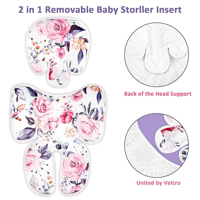 Pea Pod Baby Car Seat Head Support for Newborn, 2 in 1 Infant Car Seat Head Body Support for Girls Extra Soft Breathable Baby Car Seat Cushion Insert for Strollers, Swings, and Bouncers, Pink Floral-BubblyBeeBaby