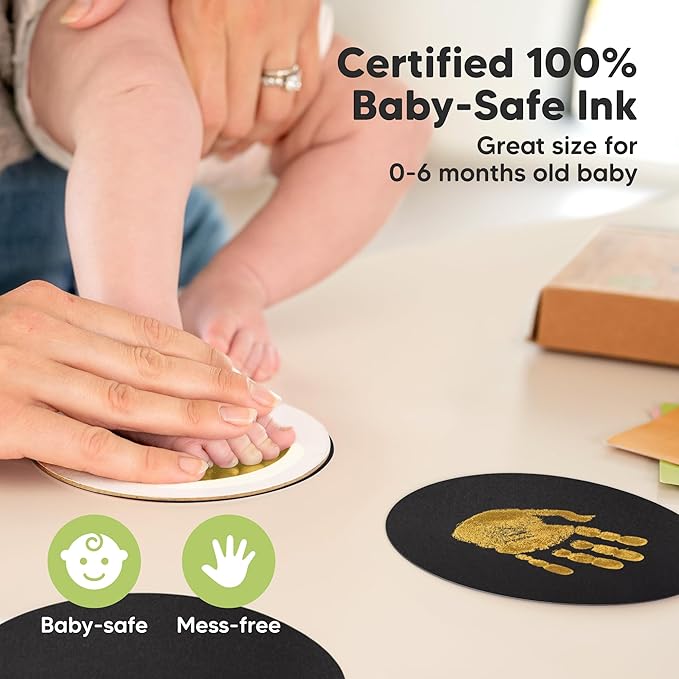 2-Pack Round Inkless Baby Hand and Footprint Kit - Mess Free Ink Pad for Newborn Keepsake, Dog Nose & Paw Print Kit, Clean Touch Ink Pad for Baby Hand & Footprints, Ideal New Mom Gifts (Gold)-BubblyBeeBaby