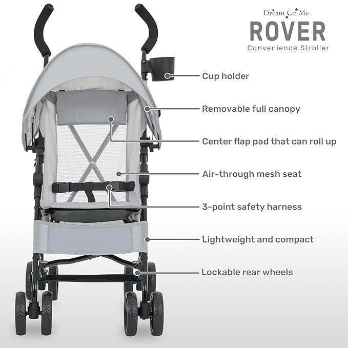 Dream On Me Rover Convenience Baby Stroller in Gray, Lightweight & Compact Umbrella Stroller, Easy one-Hand fold Travel Stroller, Lockable Rear Wheels, Removable & Adjustable Canopy-BubblyBeeBaby