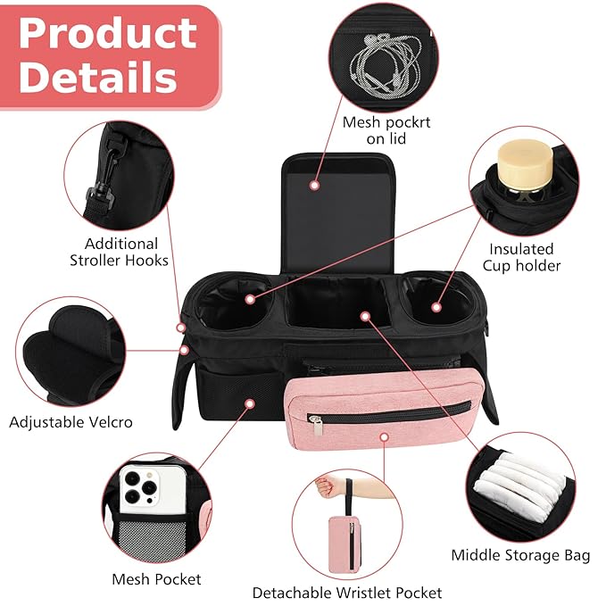 Accmor Universal Stroller Organizer with Insulated Cup Holder Detachable Phone Bag and Shoulder Strap,Stroller Bag Caddy Organizer Fits for Uppababy, Baby Jogger, Britax Strollers-BubblyBeeBaby