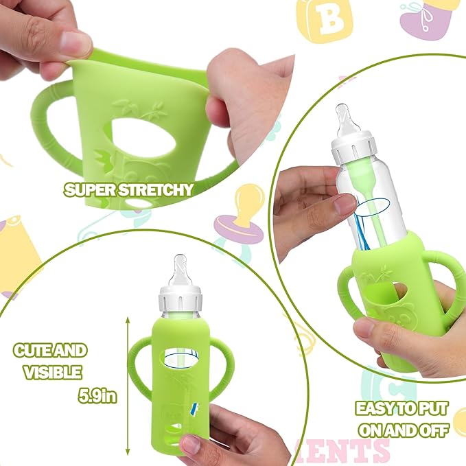 4 Pack Silicone Sleeves for Dr. Brown's Glass Baby Bottles - Drop Protection Baby Bottle Sleeves,Compatible with Dr. Brown's Newborn Glass Bottles,with Silicone Handles,8 oz-BubblyBeeBaby