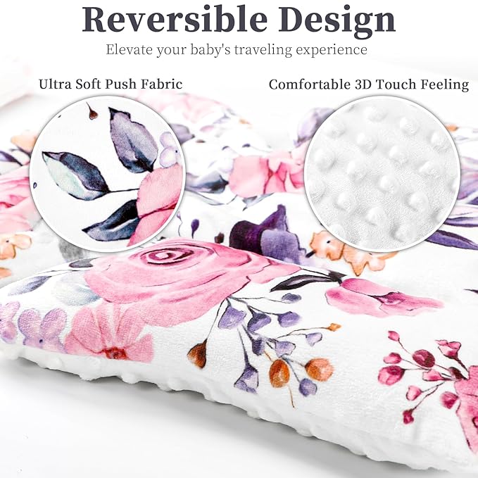 Pea Pod Infant Car Seat Insert with 3 Strap Covers, 3 in 1 Reversible Floral Baby Car Seat Head Support for Newborn, 3D Soft Minky Carseat Cushion for Preemie to Infant, Stroller, Swing, Bouncer-BubblyBeeBaby