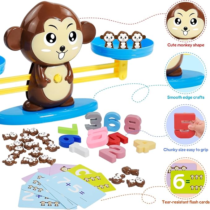 BAKAM Monkey Balance Scale Toy, Number Counting Blocks Games, Montessori Math Games for Kids 5-7, Preschool Kindergarten Learning Activities, STEM Educational Toys for 3+ Year Old-BubblyBeeBaby