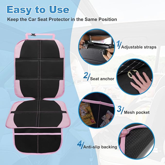 Child Car Seat Protector, 2 Pack with Mesh Pockets & Non-Slip Backing, 600D Durable (Pink, Standard)-BubblyBeeBaby