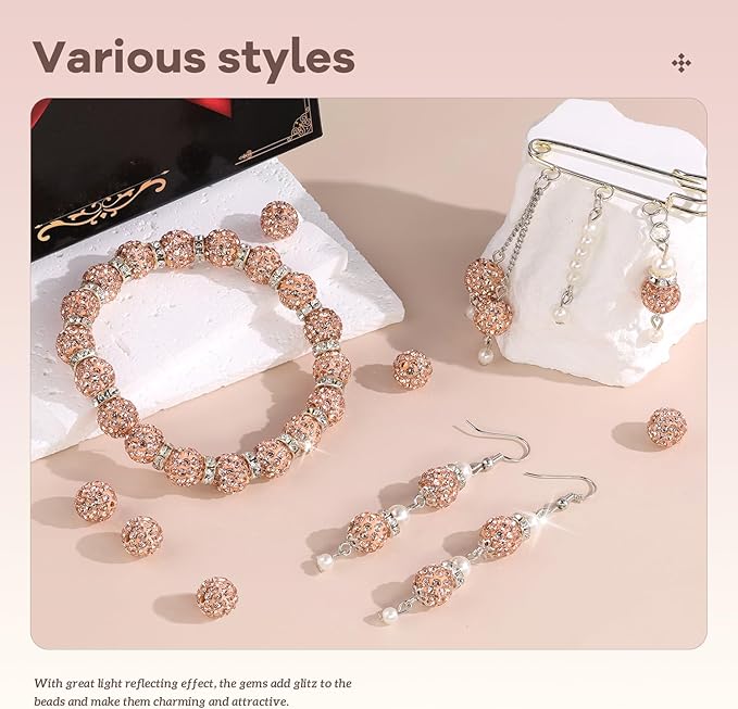 105pcs 10mm Rhinestone Beads for Jewelry Making, Light Peach Shiny Round Disco Ball Beads Bulk, Sparkle Crystal Clay Christmas for Bracelet Baseball Necklace Earring Crafting and DIY-BubblyBeeBaby