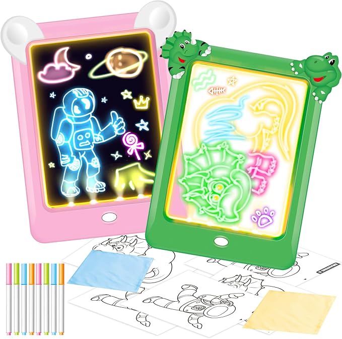 2 Pack Magic Led Drawing Boards for Kids: Light Up Tracing Pad, 8 Light Modes, Drawing Pads for Kids Ages 4-8 with Tracing Cards Markers, Arts Crafts Learning Toy Ideal Gift Toy for Boys Girls-BubblyBeeBaby