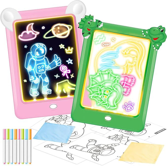 2 Pack Magic Led Drawing Boards for Kids: Light Up Tracing Pad, 8 Light Modes, Drawing Pads for Kids Ages 4-8 with Tracing Cards Markers, Arts Crafts Learning Toy Ideal Gift Toy for Boys Girls-BubblyBeeBaby