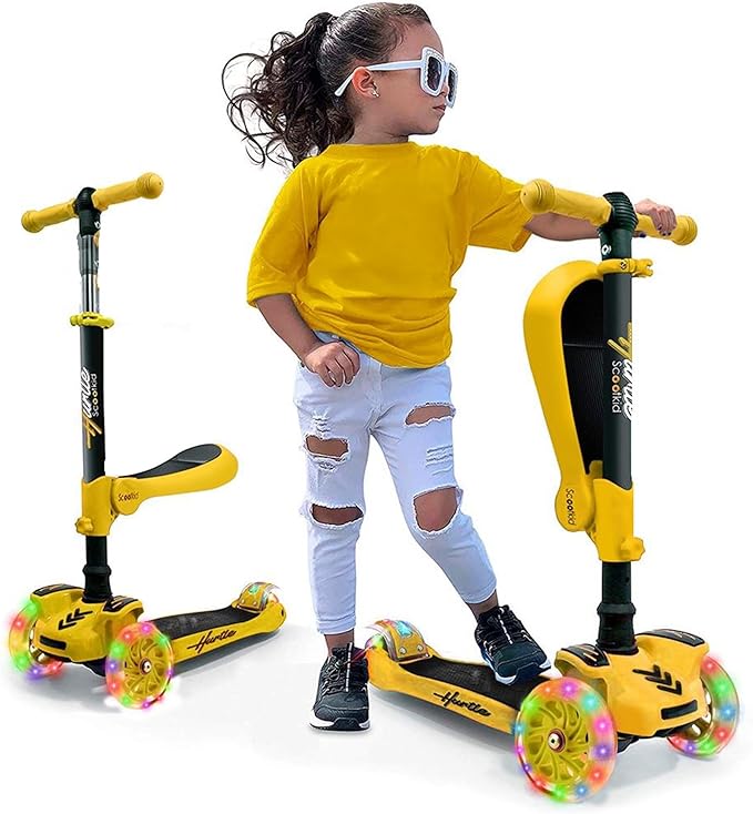 Hurtle 3-Wheeled Scooter for Kids - Wheel LED Lights, Adjustable Lean-to-Steer Handlebar, and Foldable Seat - Sit or Stand Ride with Brake for Boys and Girls Ages 1-14 Years Old-BubblyBeeBaby