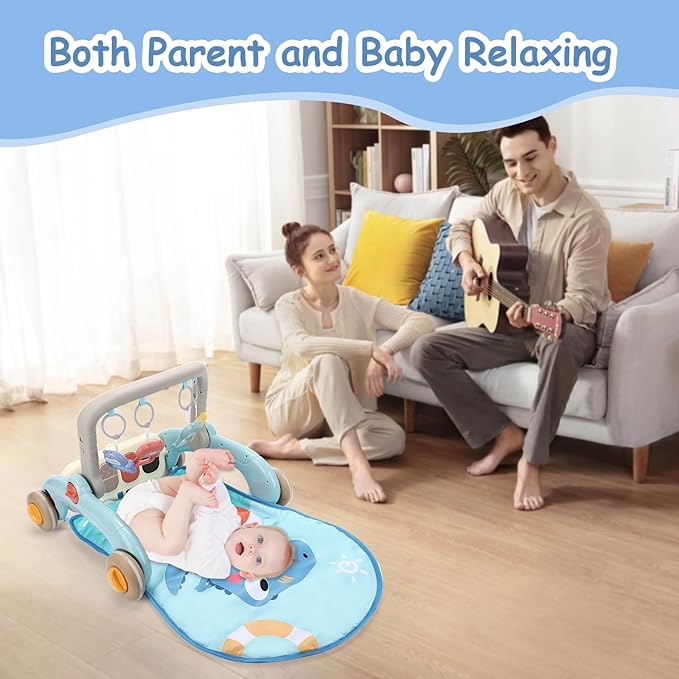 2 in 1 Baby Play Gym with Walker for Newborn, Baby Play Mat Activity Gym with 4 Infant Learning Sensory Tummy Time Mat for Infant Christmas Gifts Adjustable Height (Blue)-BubblyBeeBaby
