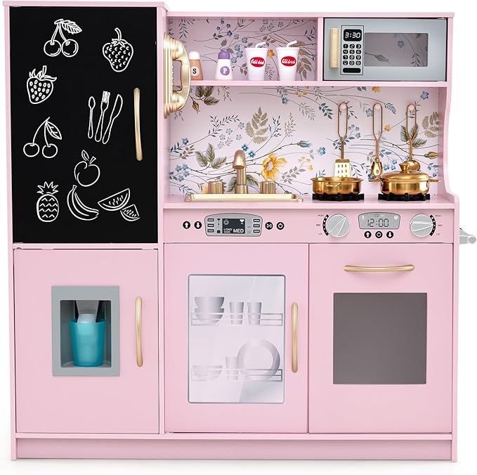 HONEY JOY Kids Kitchen Playset, Wooden Little Chef Pretend Toy Kitchen Set w/Chalkboard, Telephone, Utensils, Oven, Microwave, Sink, Storage, Play Kitchen for Toddlers Boys Girls, Pink Flower-BubblyBeeBaby