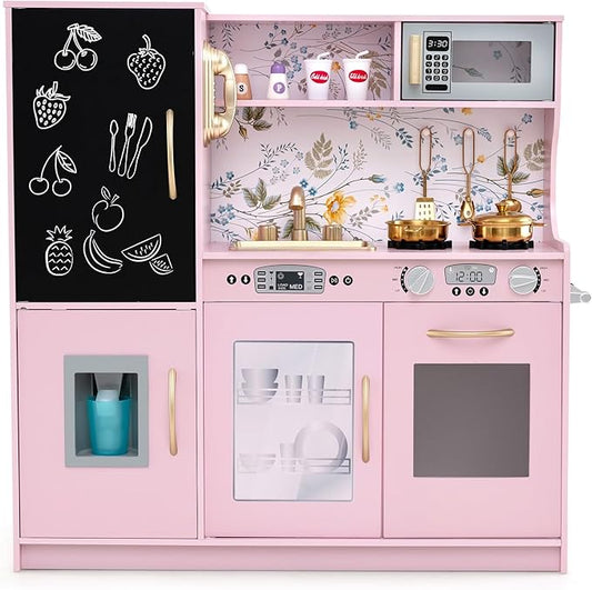 HONEY JOY Kids Kitchen Playset, Wooden Little Chef Pretend Toy Kitchen Set w/Chalkboard, Telephone, Utensils, Oven, Microwave, Sink, Storage, Play Kitchen for Toddlers Boys Girls, Pink Flower-BubblyBeeBaby