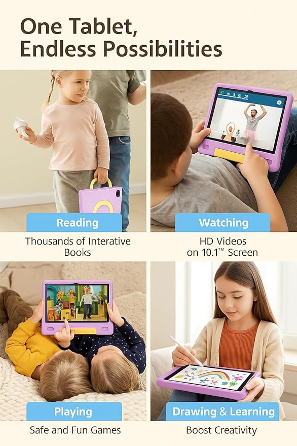 10.1 Inch Kids Tablet with Shockproof Case | Android 14, 64GB+8GB RAM, 12H Battery | Parental Control, Google Kids Space & Preloaded Educational Apps | WiFi 6, HD Display, Ages 3-12-BubblyBeeBaby