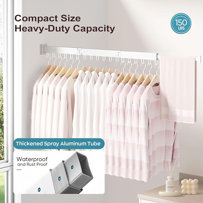 JAUREE Clothes Drying Rack Wall Mounted, Laundry Drying Rack Collapsible, Space Saving Wall Drying Rack Clothing Foldable, Tri-Fold Retractable Rack Outdoor Indoor with 18 Hooks, White-BubblyBeeBaby