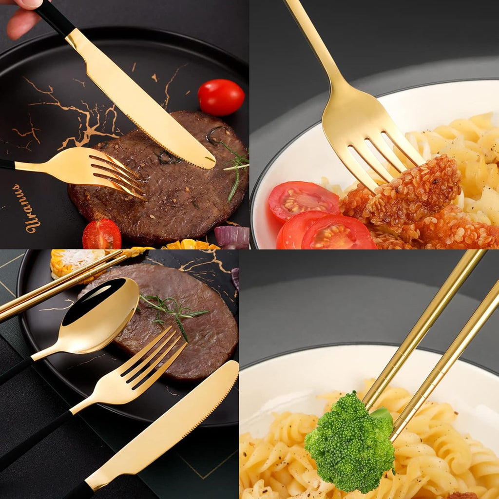 Black Portable Flatware Cutlery Set, TWUTGAYW Stainless Steel Travel Utensils with Case, Reusable Chopsticks Knife Spoons and Forks Set, Gold Camping Utensils Set for Lunch, Office, School, Picnic