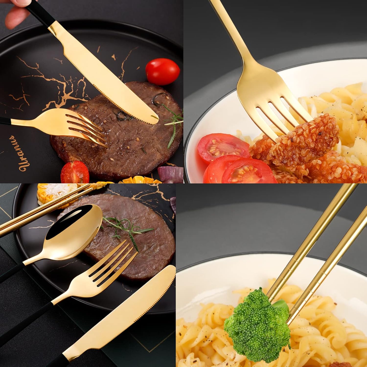 Black Portable Flatware Cutlery Set, TWUTGAYW Stainless Steel Travel Utensils with Case, Reusable Chopsticks Knife Spoons and Forks Set, Gold Camping Utensils Set for Lunch, Office, School, Picnic