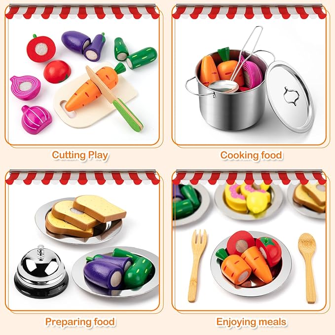 Juboury Pretend Play Kitchen Set - Toy Kitchen Accessories with Stainless Steel Cookware Pots and Pans, Plates, Cooking Utensils, Kids Chef Coat & Hat, Wooden Play Food for Kids, Girls, Boys, Toddlers-BubblyBeeBaby