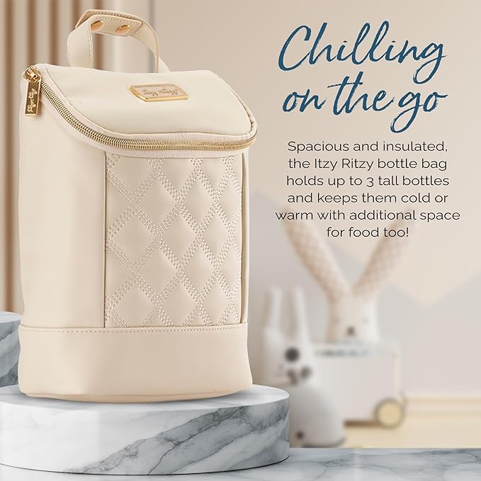 Itzy Ritzy Insulated Bottle Bag – Keeps Bottles Warm or Cool - Holds 3 Bottles & Features Interior Pocket for Ice Pack (Not Included), Milk & Honey-BubblyBeeBaby