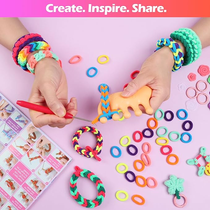 IQBOX Bracelet Making Kit Arts and Crafts for Girls Ages 8-12, Weaving Loom Rainbow Bands DIY Toys Birthday Gifts for Kids 6 7 9 10 11 13 Year Old, 1000+ Elastic Cloth Rubber Band Fabric Loops-BubblyBeeBaby