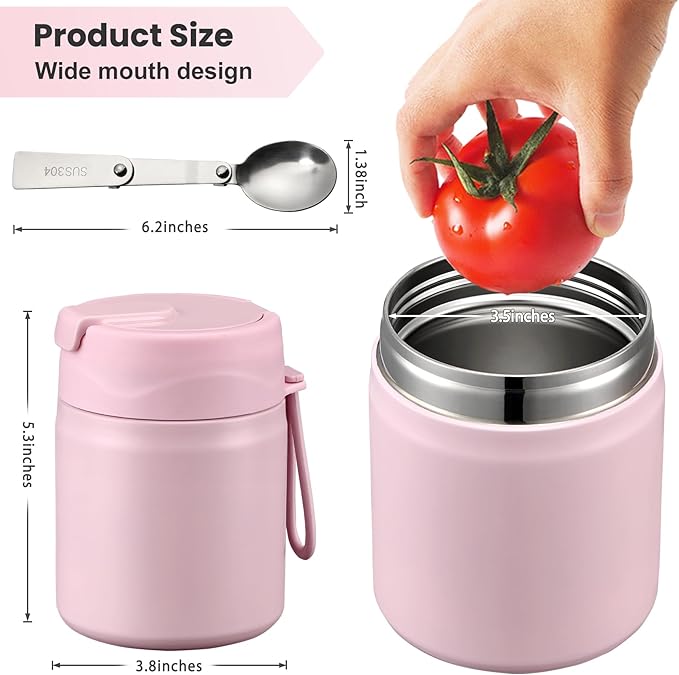 17oz Soup Thermo for Hot Food Kids,Insulated Food Jar with Spoon,Thermo Hot Food Lunch Container,Wide Mouth Leakproof Stainless Steel Lunch Box for School-Pink-BubblyBeeBaby