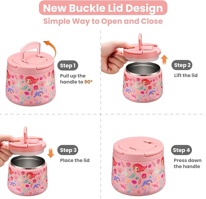 14oz Insulated Vacuum Food Jar with Buckle Lid,Soup Thermo for Hot Food Kids,Wide Mouth Leakproof Stainless Steel Lunch Container with Spoon-Mermaid-BubblyBeeBaby