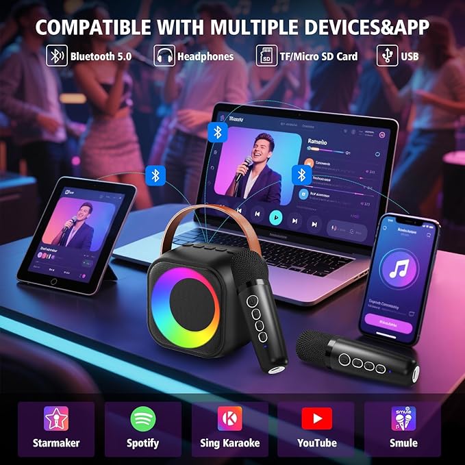 Karaoke Machine for Kids Adults, Portable Bluetooth Speaker with 2 Wireless Microphones, Portable Speaker Mini Karaoke Microphone for Home Party Birthday Gift for Girls Boys-BubblyBeeBaby